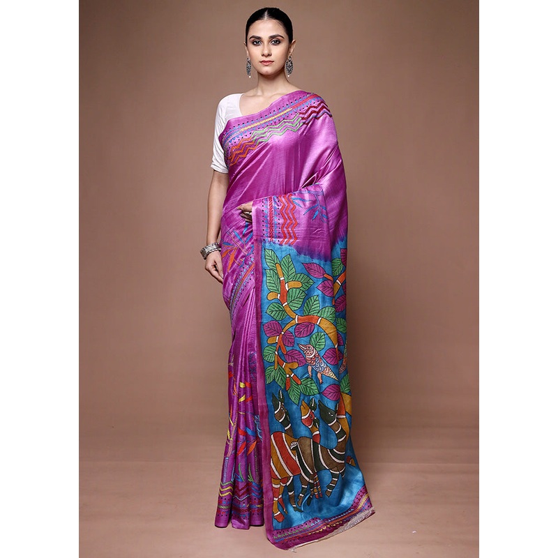 Purple Handloom Kantha Stitch Pure Silk Saree With Blouse Piece - JD986599634