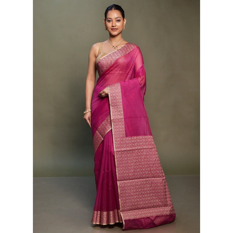 Purple Kota Cotton Saree With Blouse Piece - JD986599768