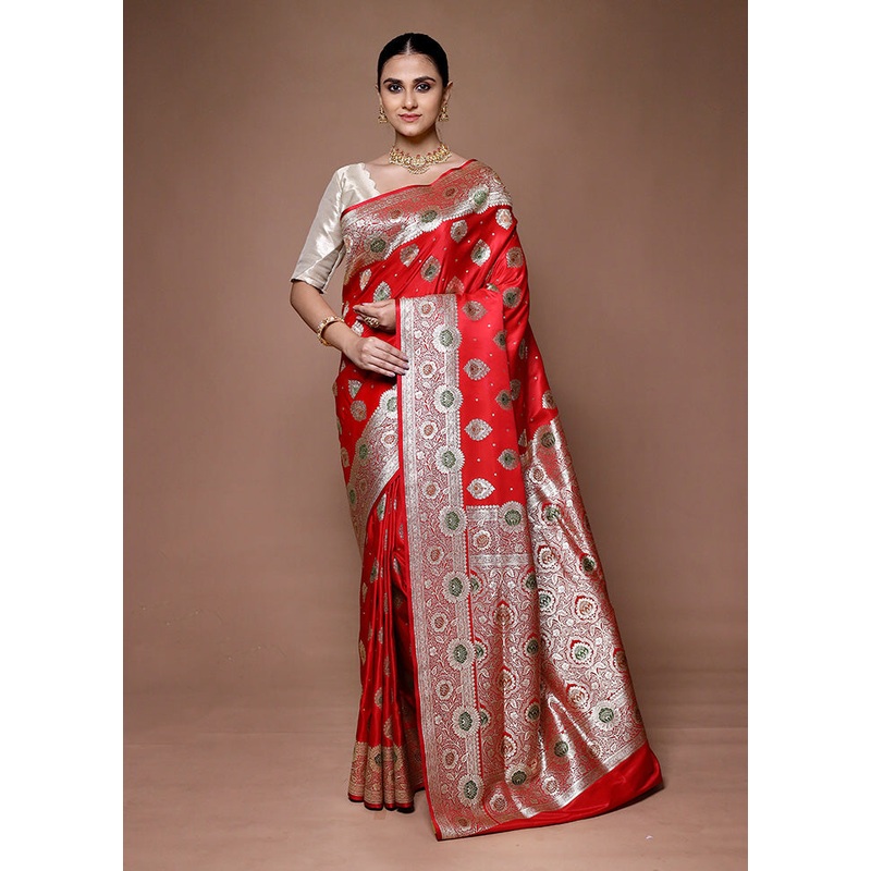 Red Banarasi Silk Saree With Blouse Piece - JD986599627
