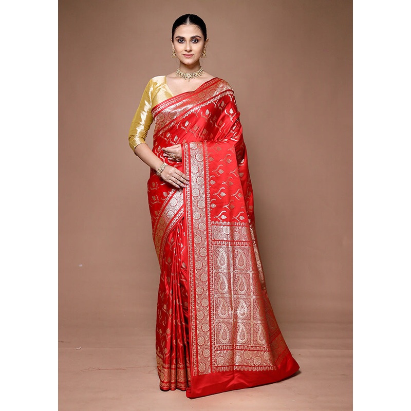 Red Banarasi Silk Saree With Blouse Piece - JD986599628
