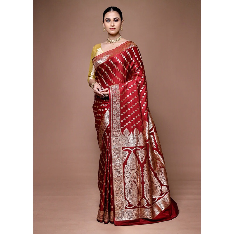 Red Banarasi Silk Saree With Blouse Piece - JD986599629