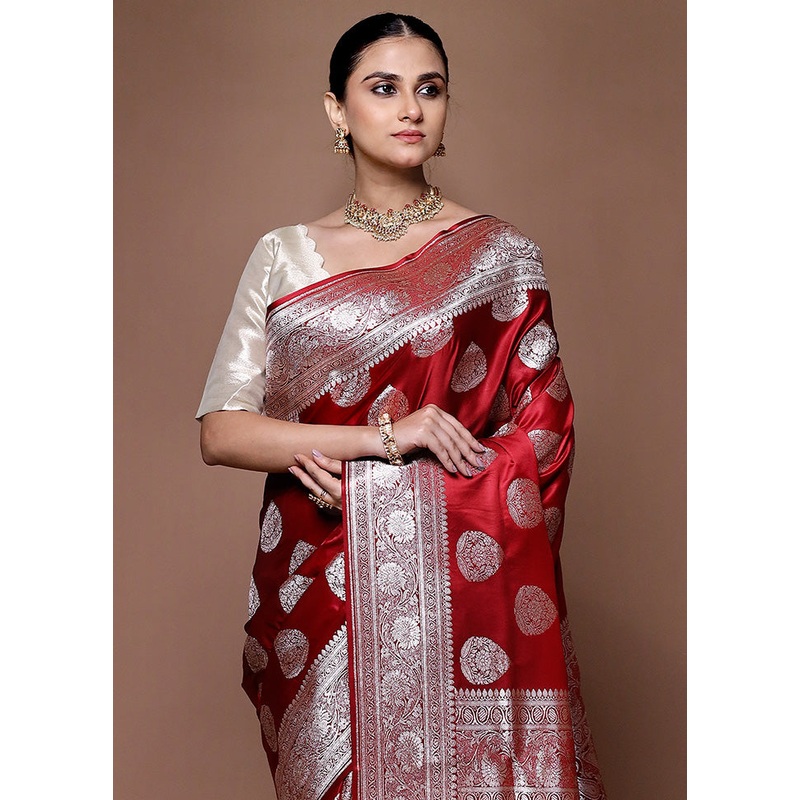 Red Banarasi Silk Saree With Blouse Piece - JD986599631