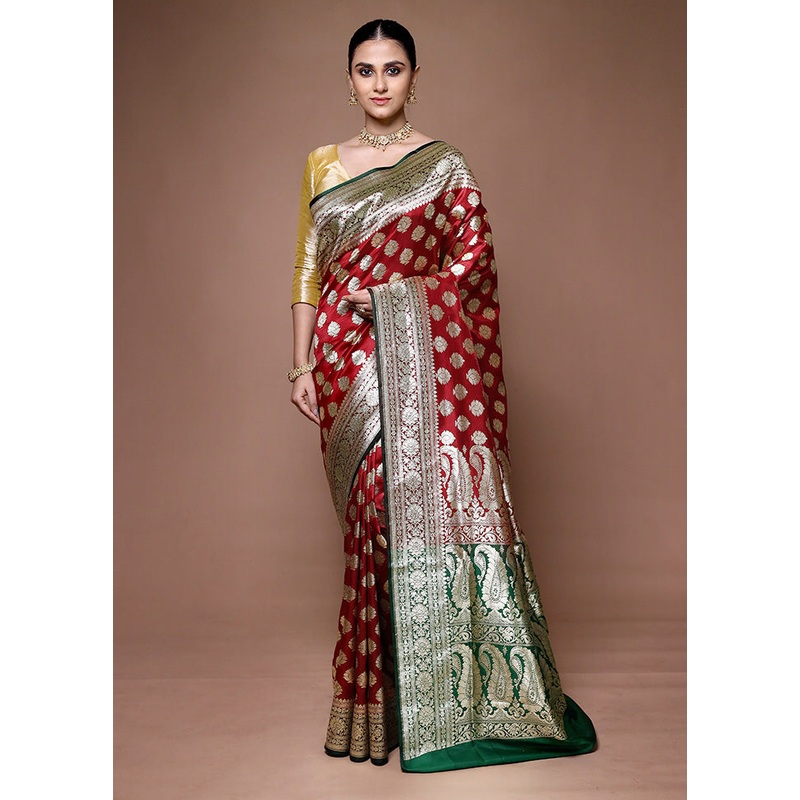 Red Banarasi Silk Saree With Blouse Piece - JD986599632