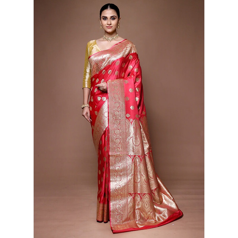 Red Banarasi Silk Saree With Blouse Piece - JD986599641