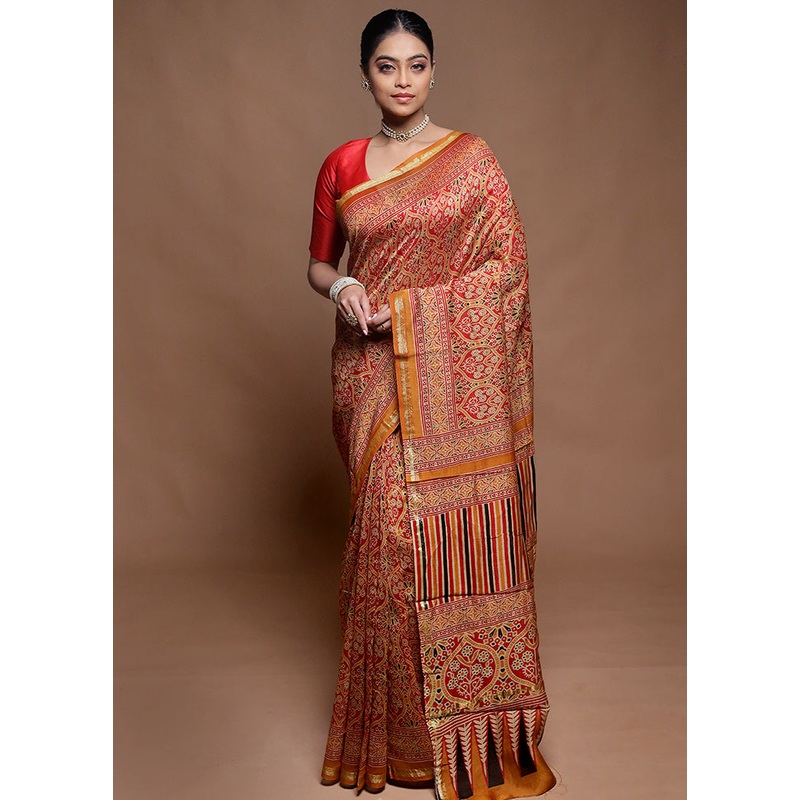 Red Chanderi Cotton Saree With Blouse Piece - JD986599800