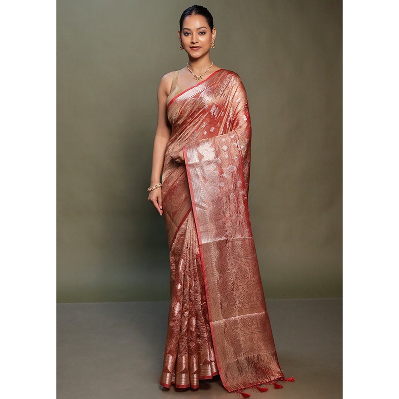 Red Crushed Tissue Silk Saree With Blouse Piece - JD986599767