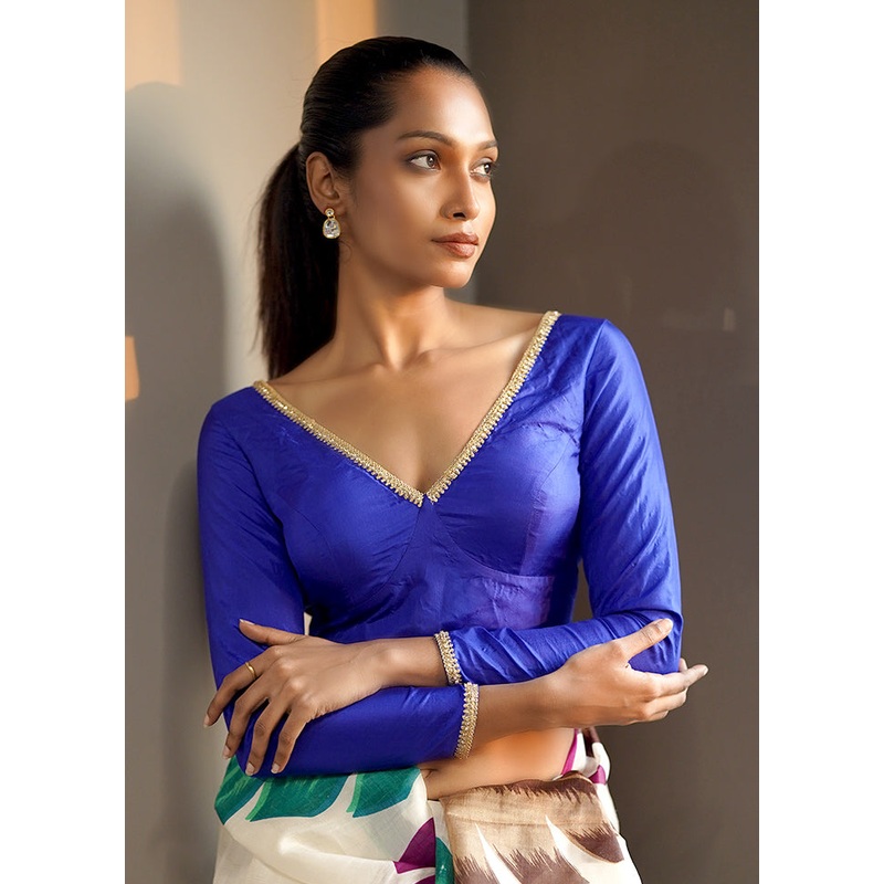 Royal Blue Pure Silk Designer Blouse - JD986599825