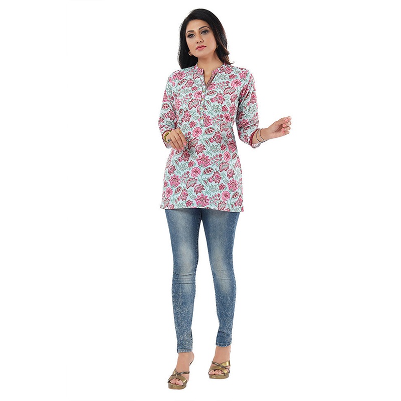 Sky Blue Readymade Rayon Short Kurti - JD986599709