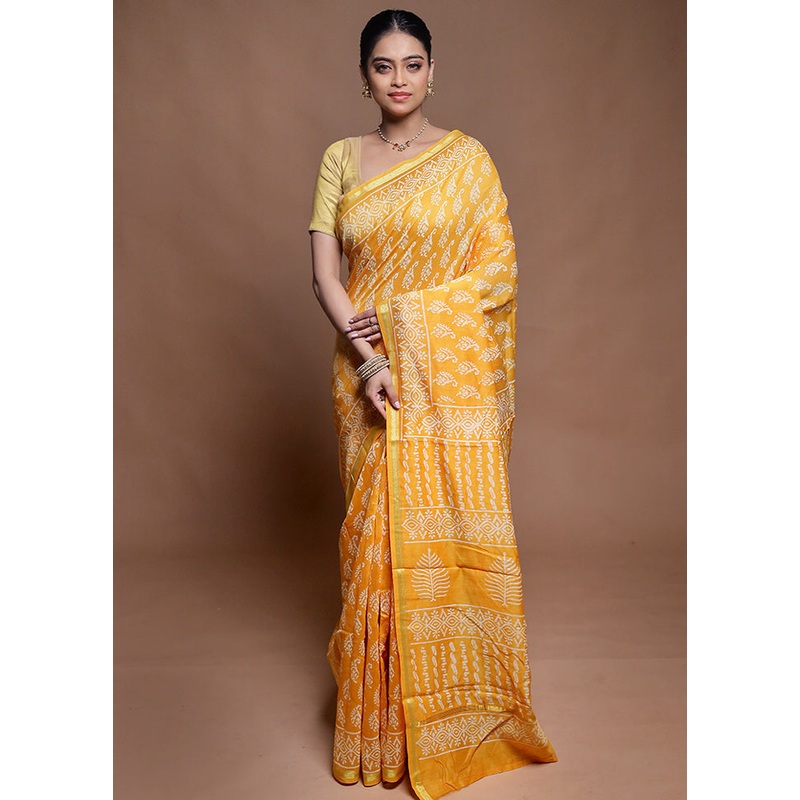 Yellow Chanderi Cotton Saree With Blouse Piece - JD986599801