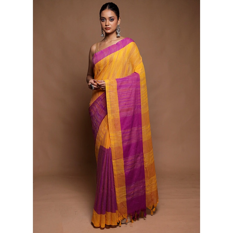 Yellow Cotton Saree With Blouse Piece - JD986599793