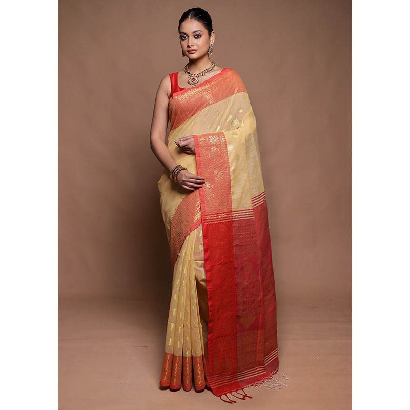Yellow Cotton Saree With Blouse Piece - JD986599794