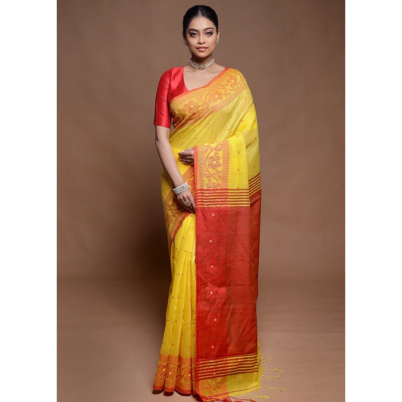 Yellow Cotton Saree With Blouse Piece - JD986599802