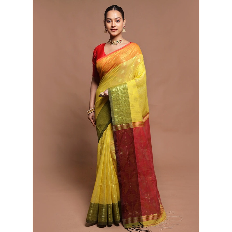 Yellow Cotton Saree With Blouse Piece - JD986599805