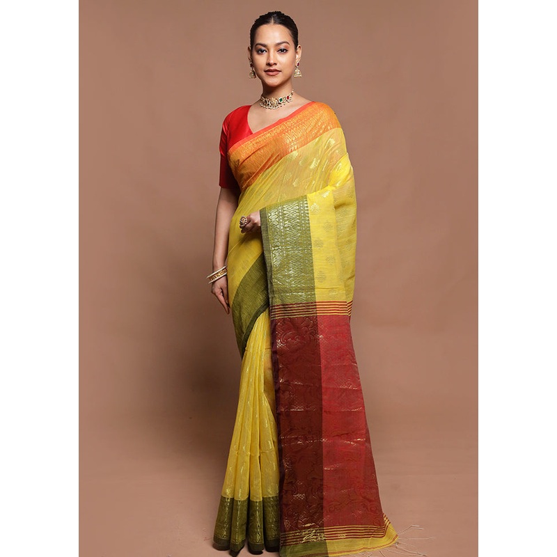 Yellow Cotton Saree With Blouse Piece - JD986599806