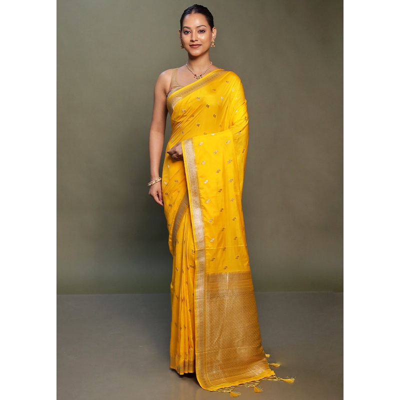 Yellow Dupion Silk Saree With Blouse Piece - JD986599761