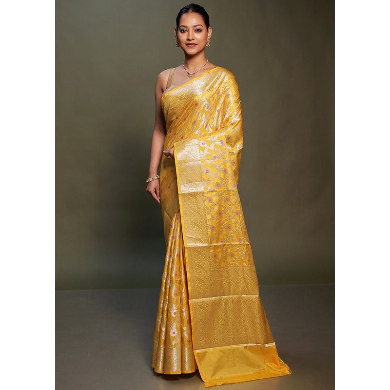 Yellow Dupion Silk Saree With Blouse Piece - JD986599762