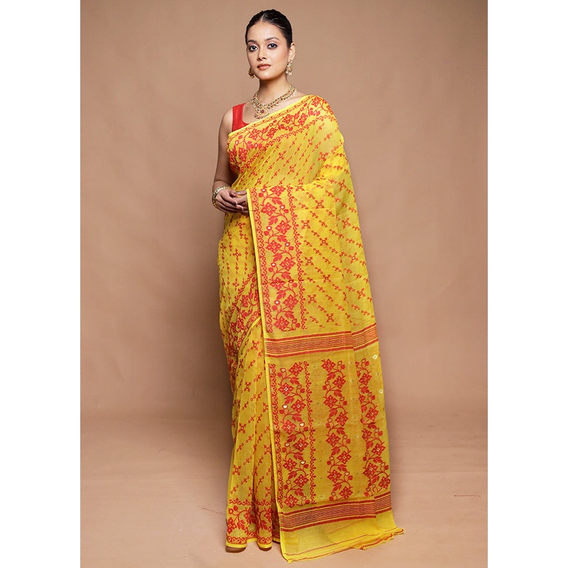 Yellow Tant Jamdani Saree Without Blouse Piece - JD986599795