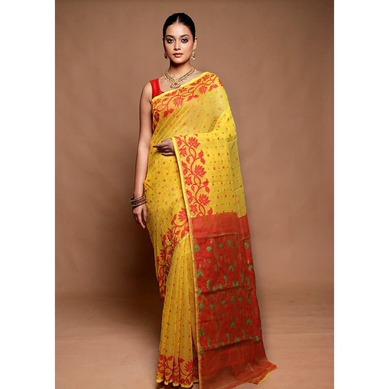 Yellow Tant Jamdani Saree Without Blouse Piece - JD986599798