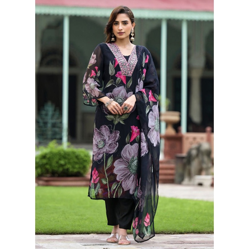 3 Pc Black Readymade Georgette Dupatta Suit Set - JD986599580