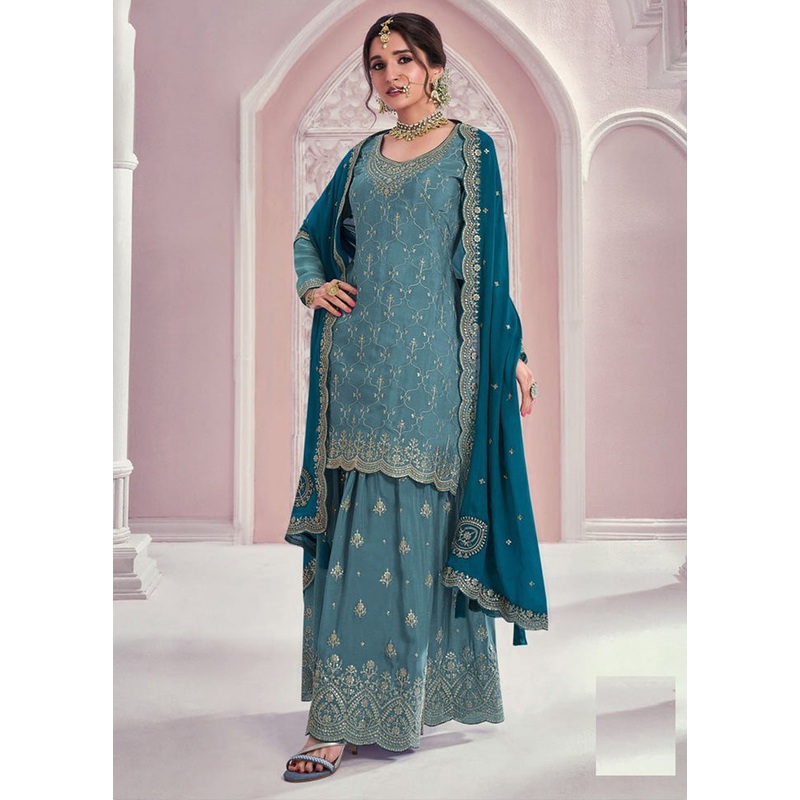 3 Pc Blue Semi Stitched Silk Dupatta Suit Set - JD986599565