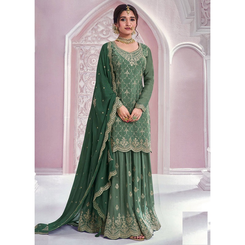 3 Pc Green Semi Stitched Silk Dupatta Suit Set - JD986599564