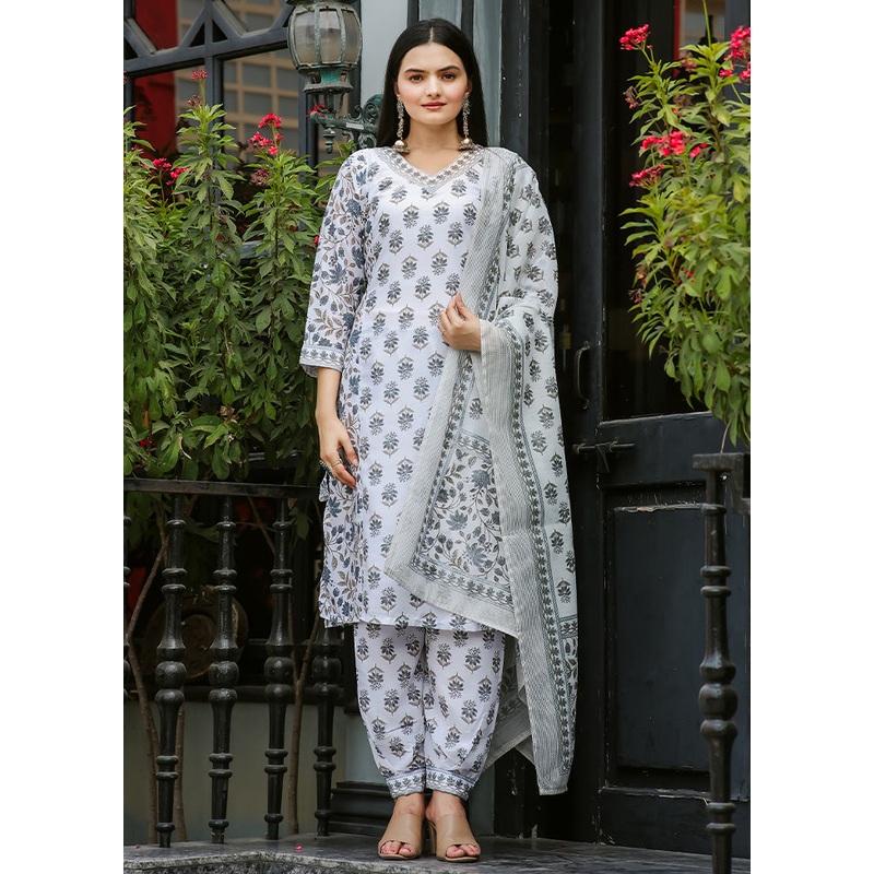 3 Pc Grey Readymade Cotton Dupatta Suit Set - JD986599577