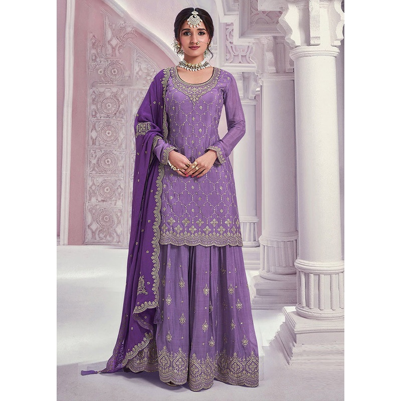 3 Pc Violet Semi Stitched Silk Dupatta Suit Set - JD986599560