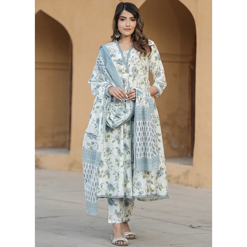 3 Pc White Readymade Cotton Dupatta Suit Set - JD986599578
