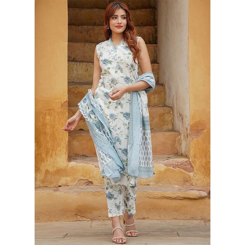 3 Pc White Readymade Cotton Dupatta Suit Set - JD986599579