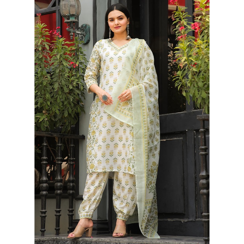 3 Pc Yellow Readymade Cotton Dupatta Suit Set - JD986599569