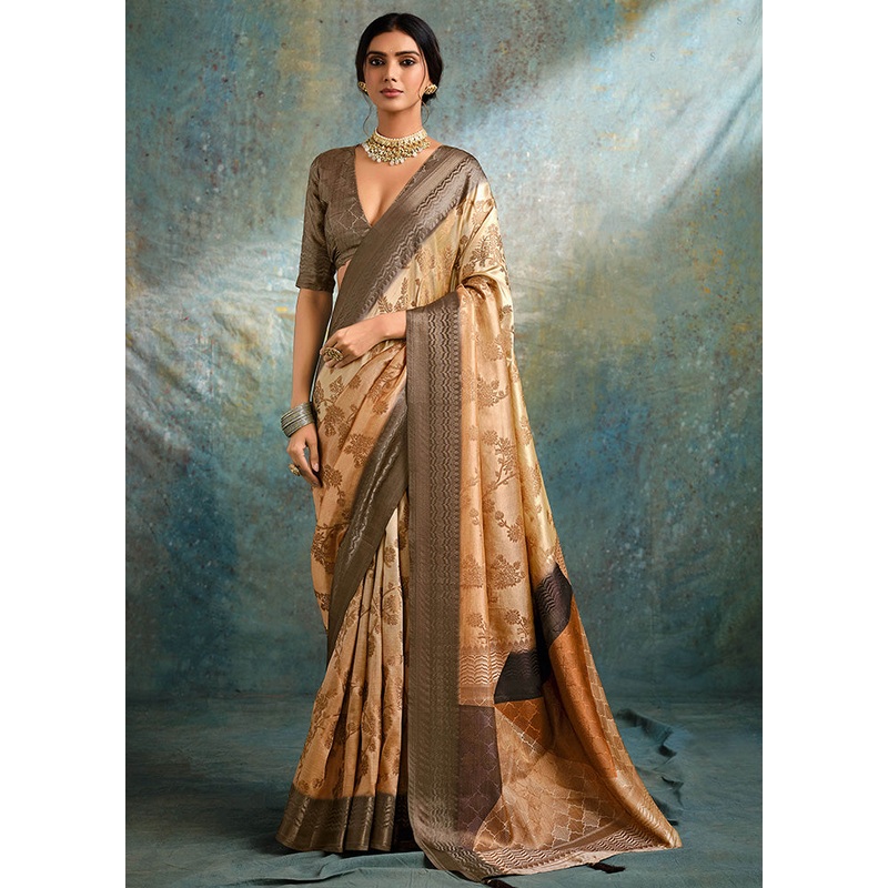 Beige Spun Silk Saree With Blouse Piece - JD986599610