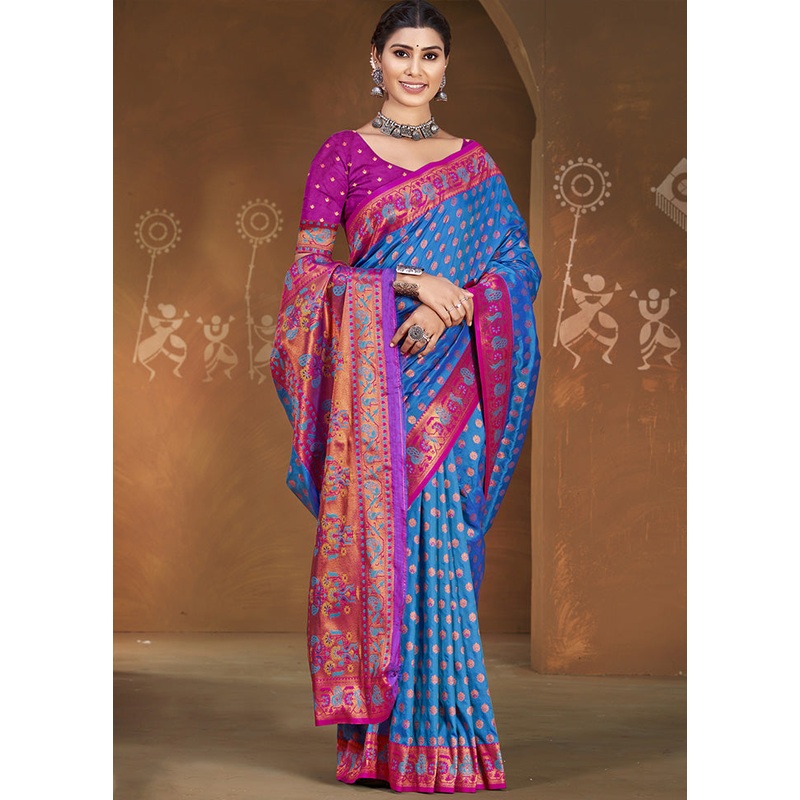 Blue Spun Silk Saree With Blouse Piece - JD986599557
