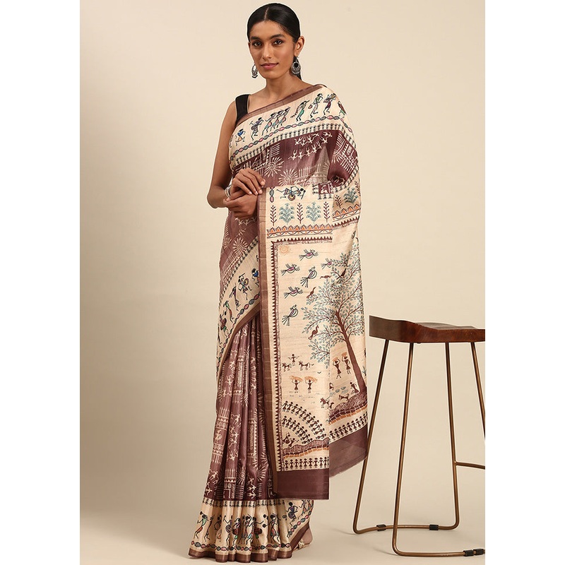 Brown Cotton Saree With Blouse Piece - JD986599555