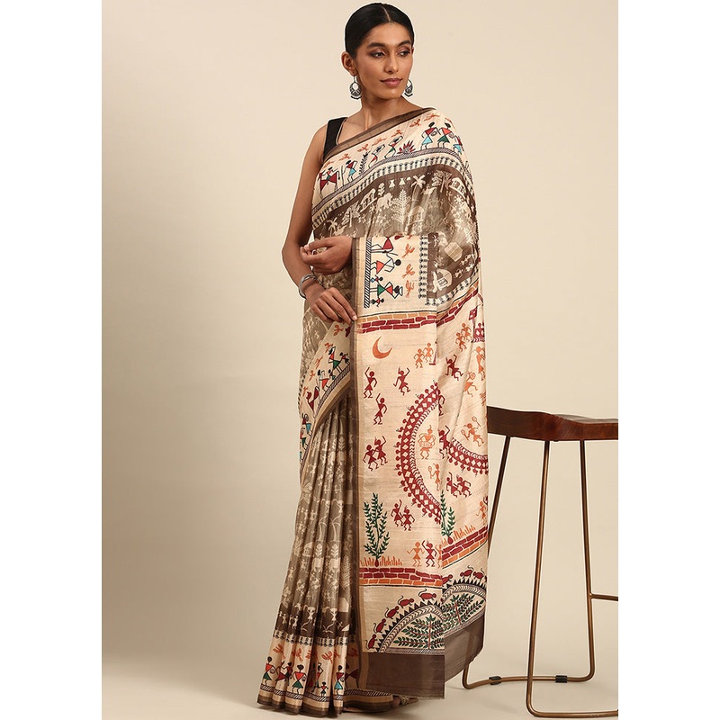 Cream Cotton Saree With Blouse Piece - JD986599551