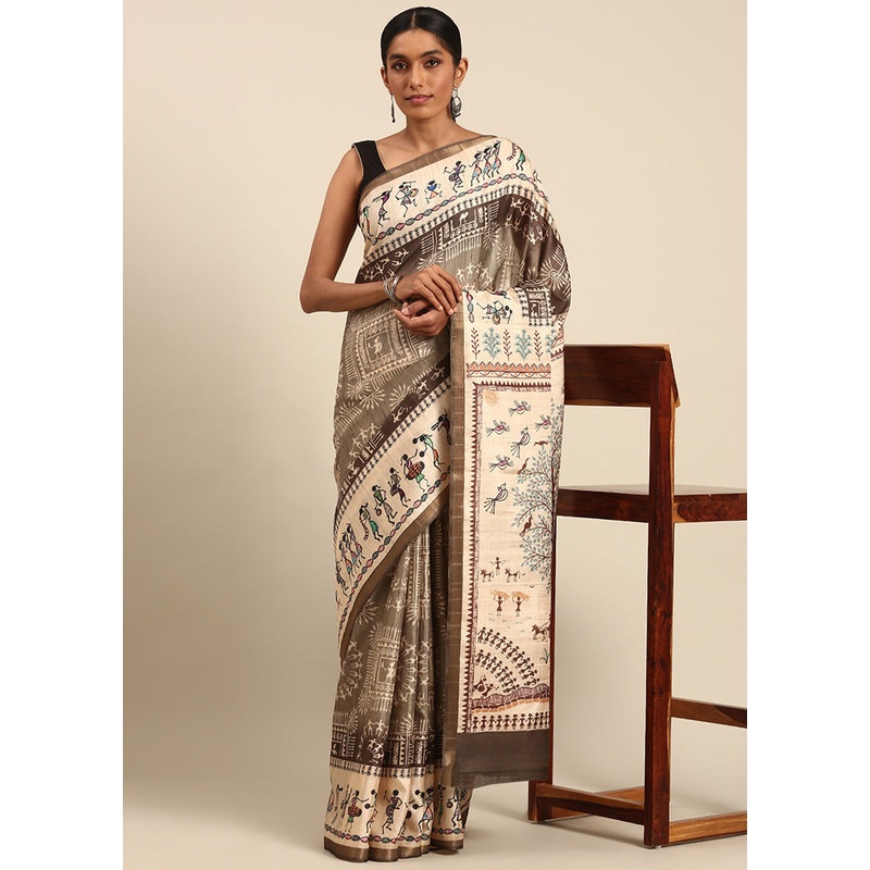 Cream Cotton Saree With Blouse Piece - JD986599553