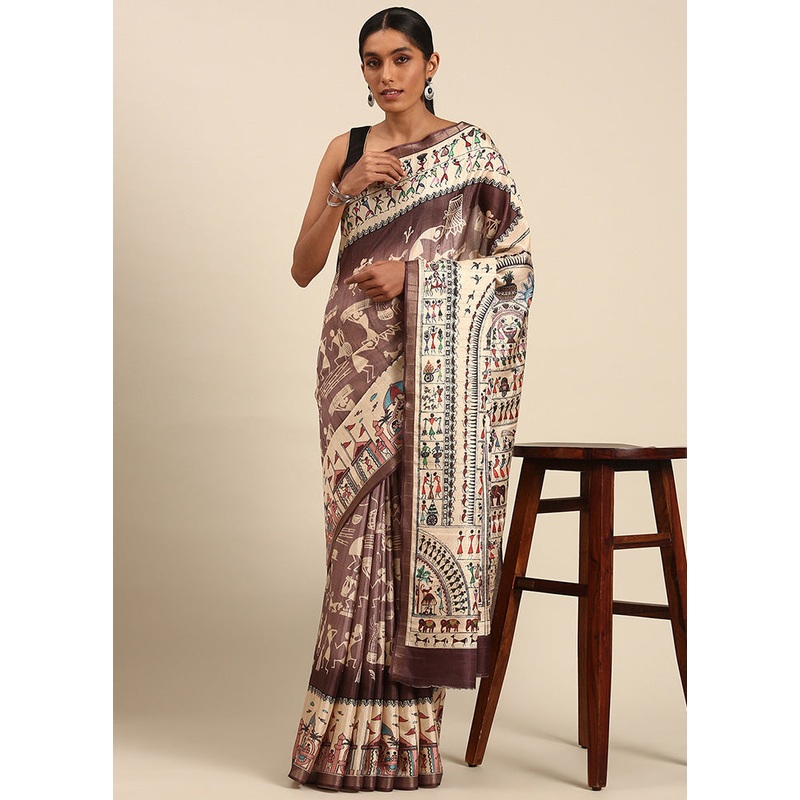 Cream Cotton Saree With Blouse Piece - JD986599554