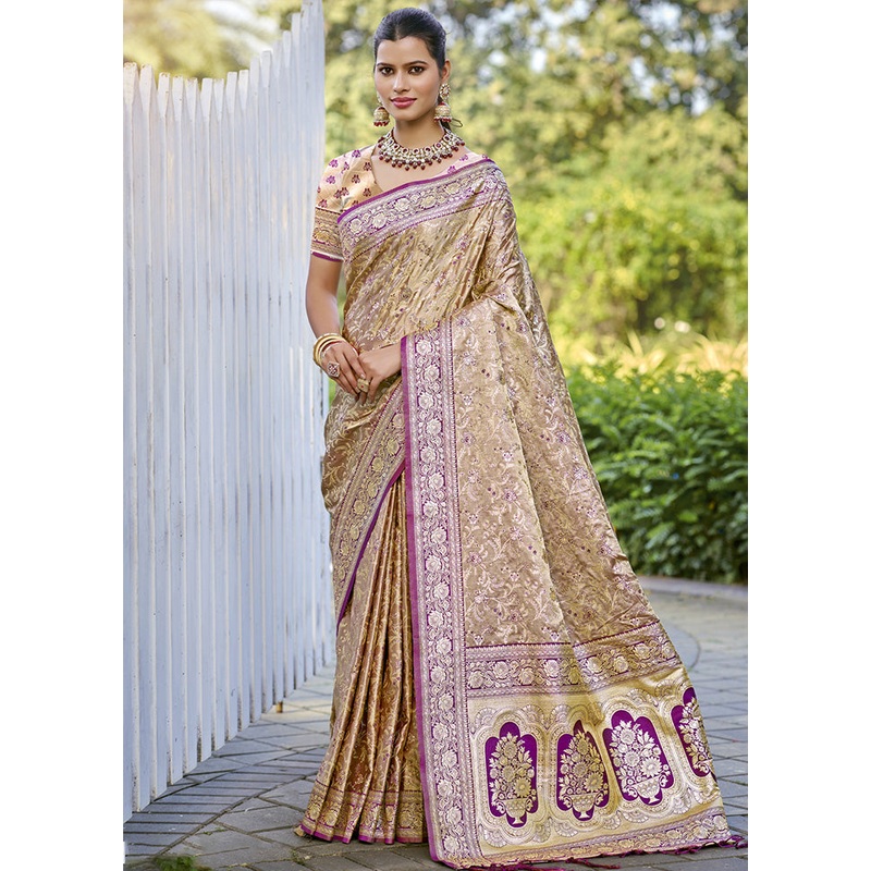 Cream Spun Silk Saree With Blouse Piece - JD986599550