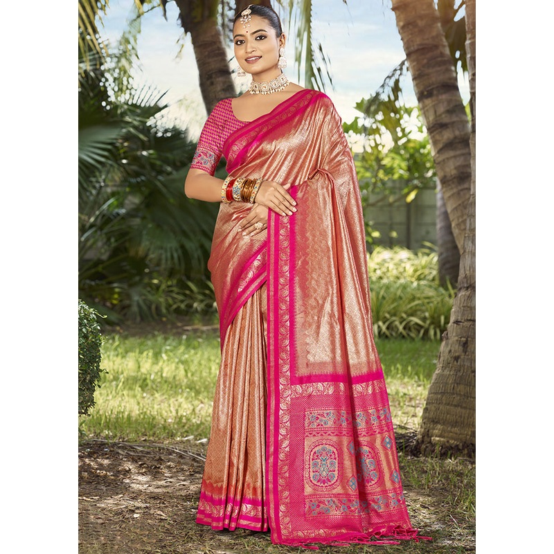 Golden Spun Silk Saree With Blouse Piece - JD986599546