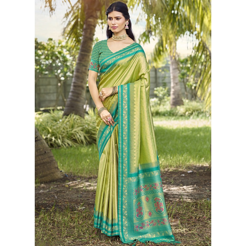 Green Spun Silk Saree With Blouse Piece - JD986599499