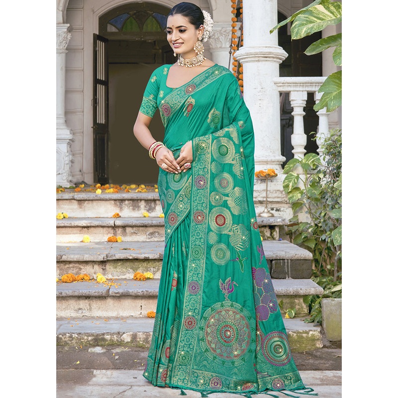 Green Spun Silk Saree With Blouse Piece - JD986599500