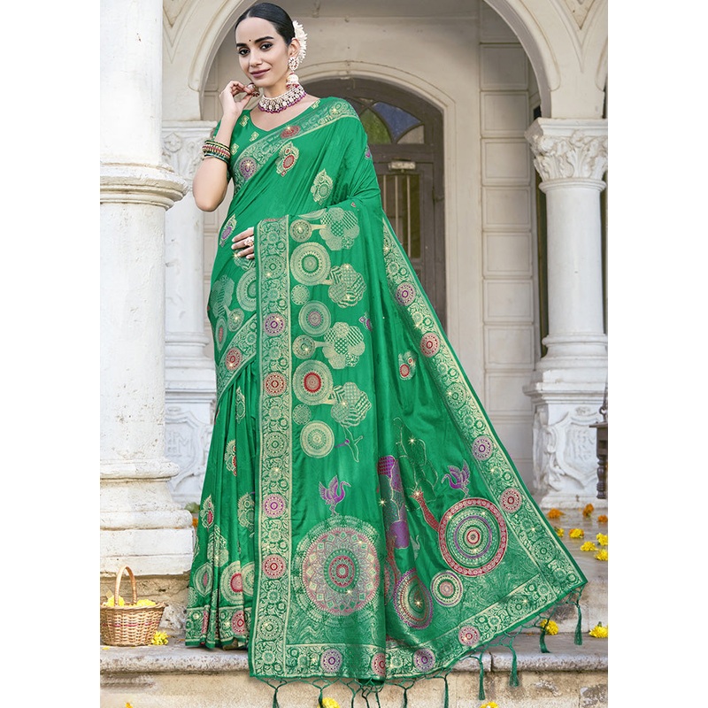 Green Spun Silk Saree With Blouse Piece - JD986599501