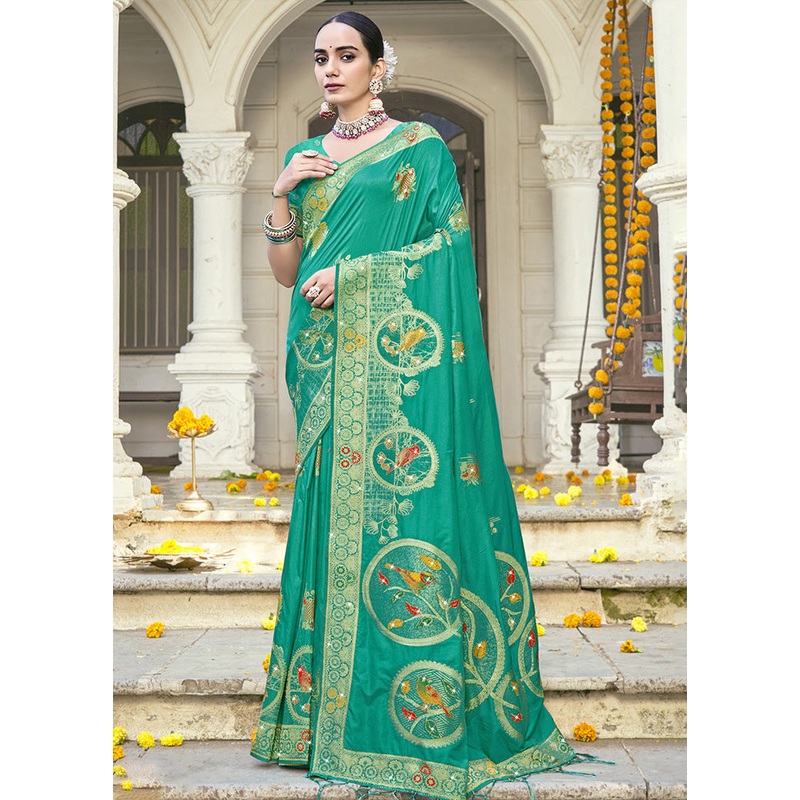 Green Spun Silk Saree With Blouse Piece - JD986599502