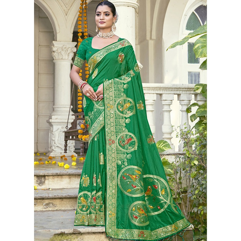 Green Spun Silk Saree With Blouse Piece - JD986599503