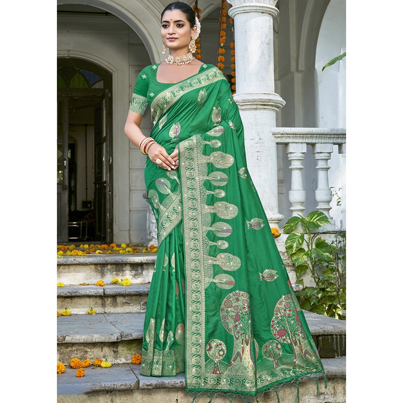 Green Spun Silk Saree With Blouse Piece - JD986599504
