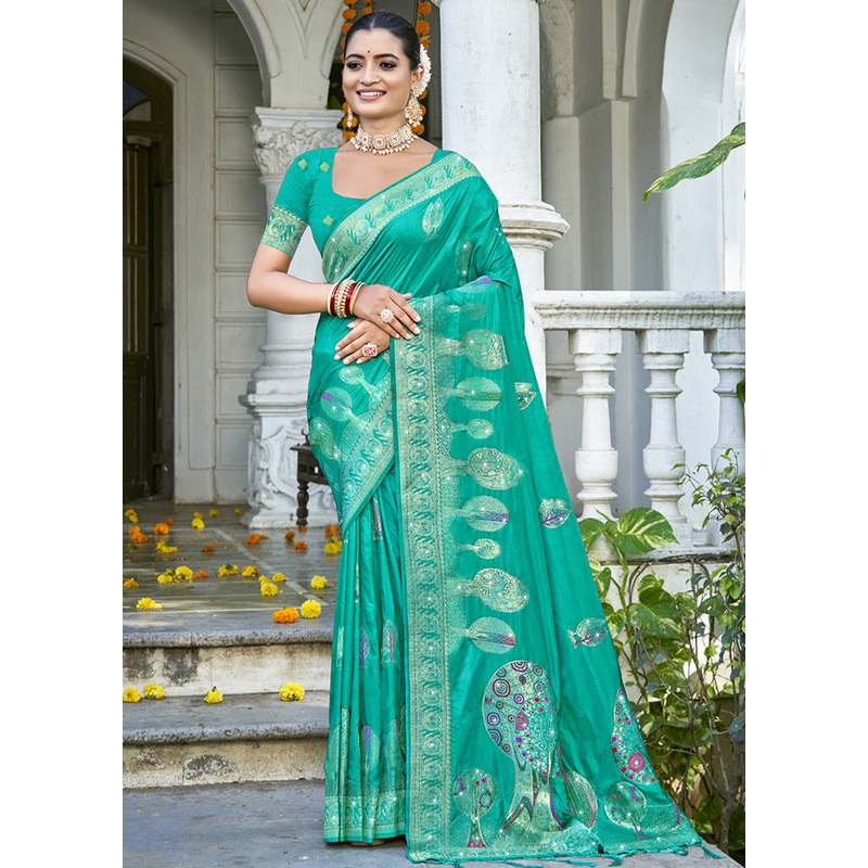 Green Spun Silk Saree With Blouse Piece - JD986599505
