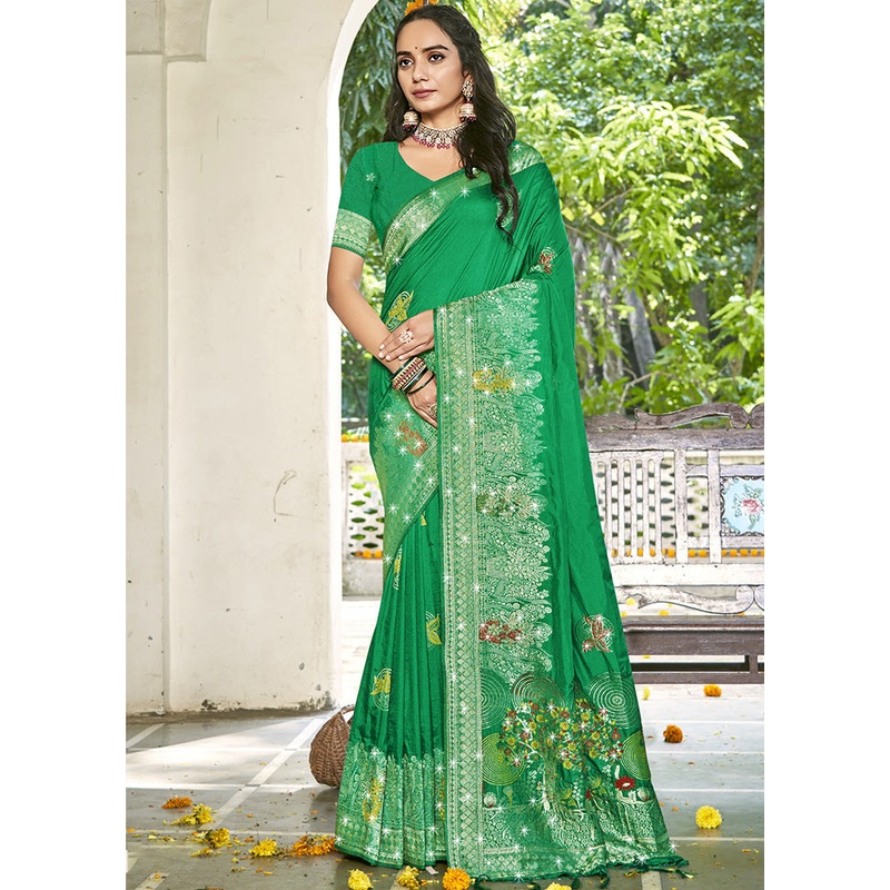 Green Spun Silk Saree With Blouse Piece - JD986599507