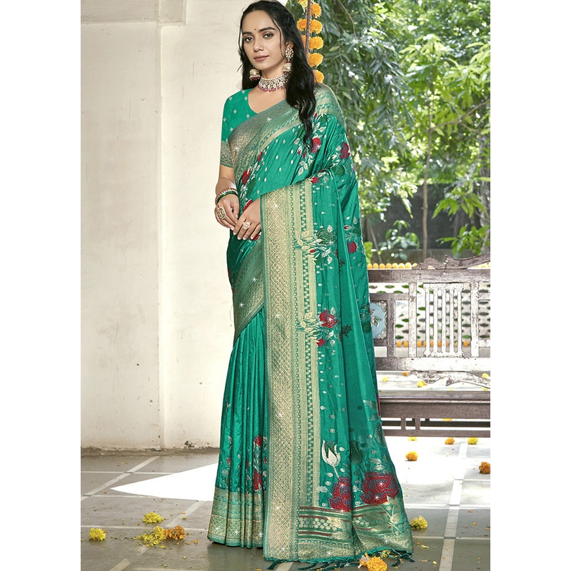 Green Spun Silk Saree With Blouse Piece - JD986599508