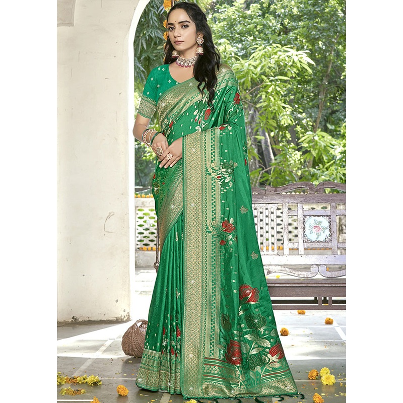 Green Spun Silk Saree With Blouse Piece - JD986599509