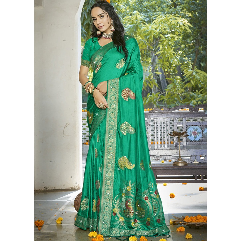 Green Spun Silk Saree With Blouse Piece - JD986599510