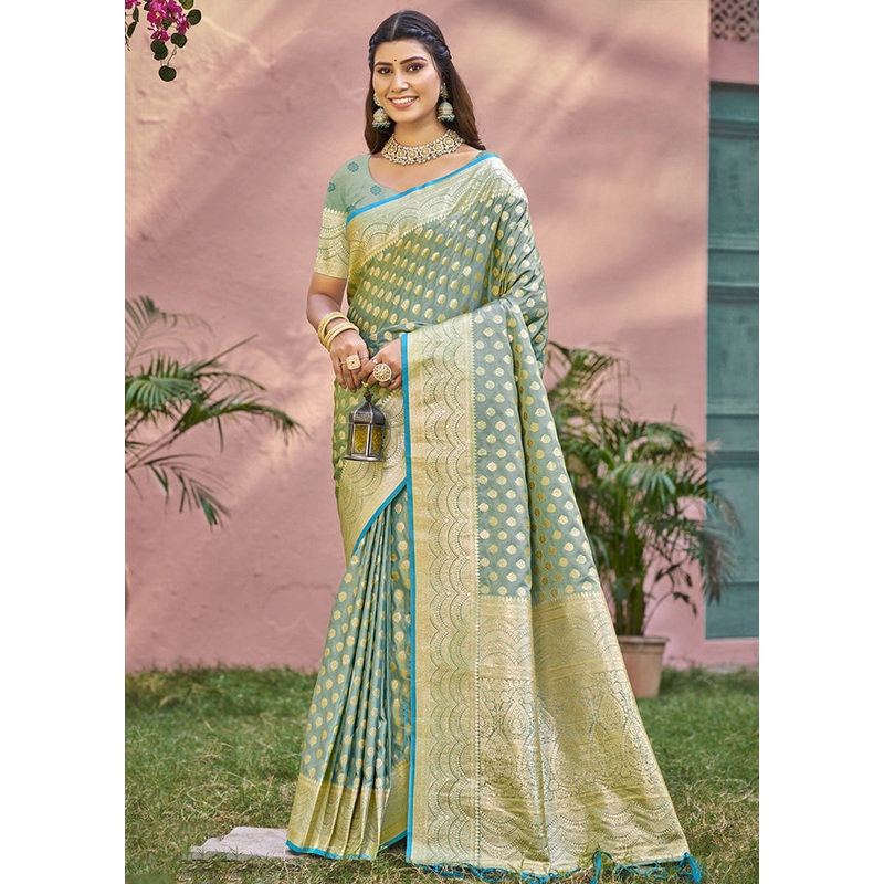 Green Spun Silk Saree With Blouse Piece - JD986599513
